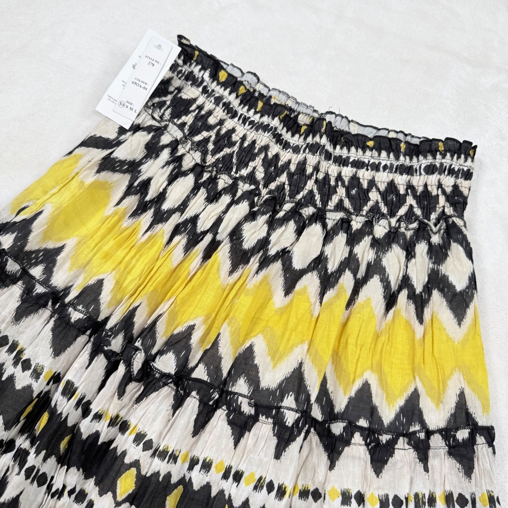 Jasmine Women XS Yellow Black Ikat Chevron Cotton Tiered Maxi Skirt New 278
